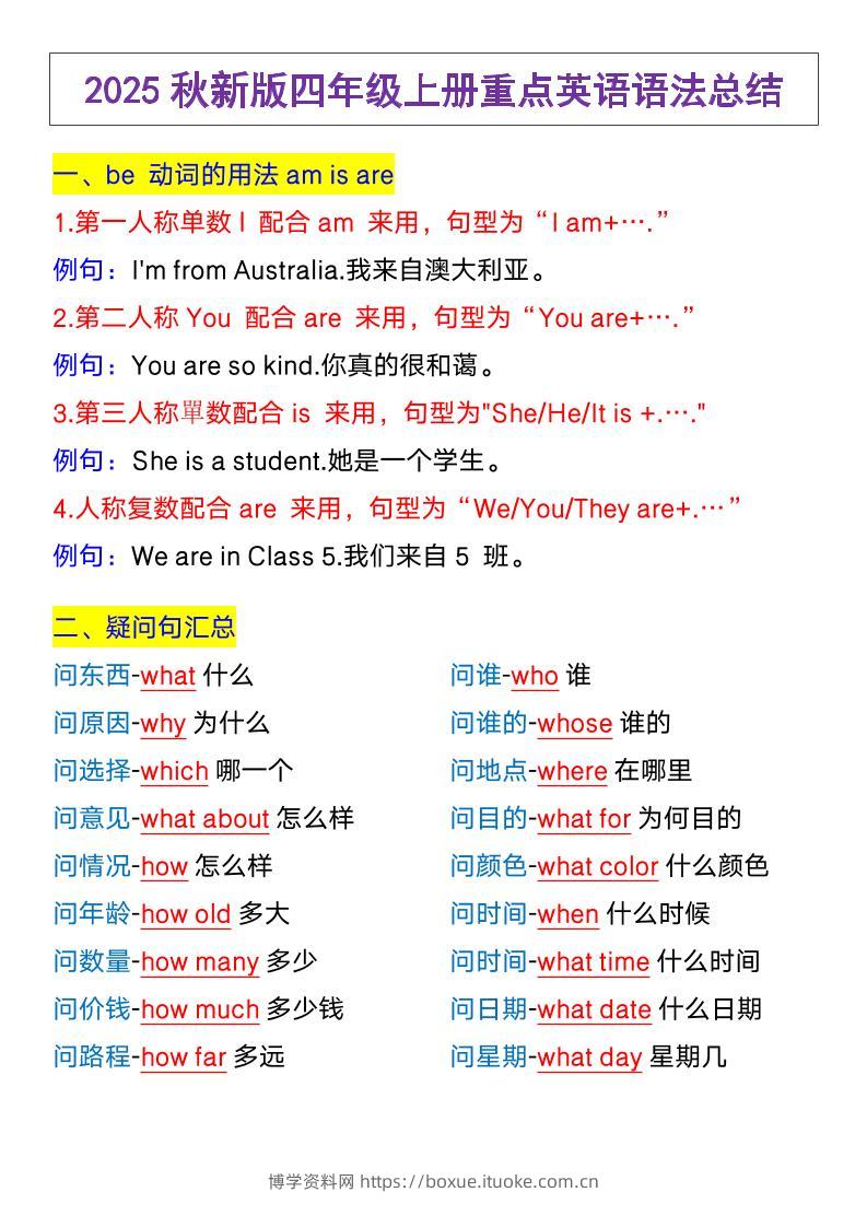 【2025秋新版】四年级上册英语，重点英语语法总结-博学资料网