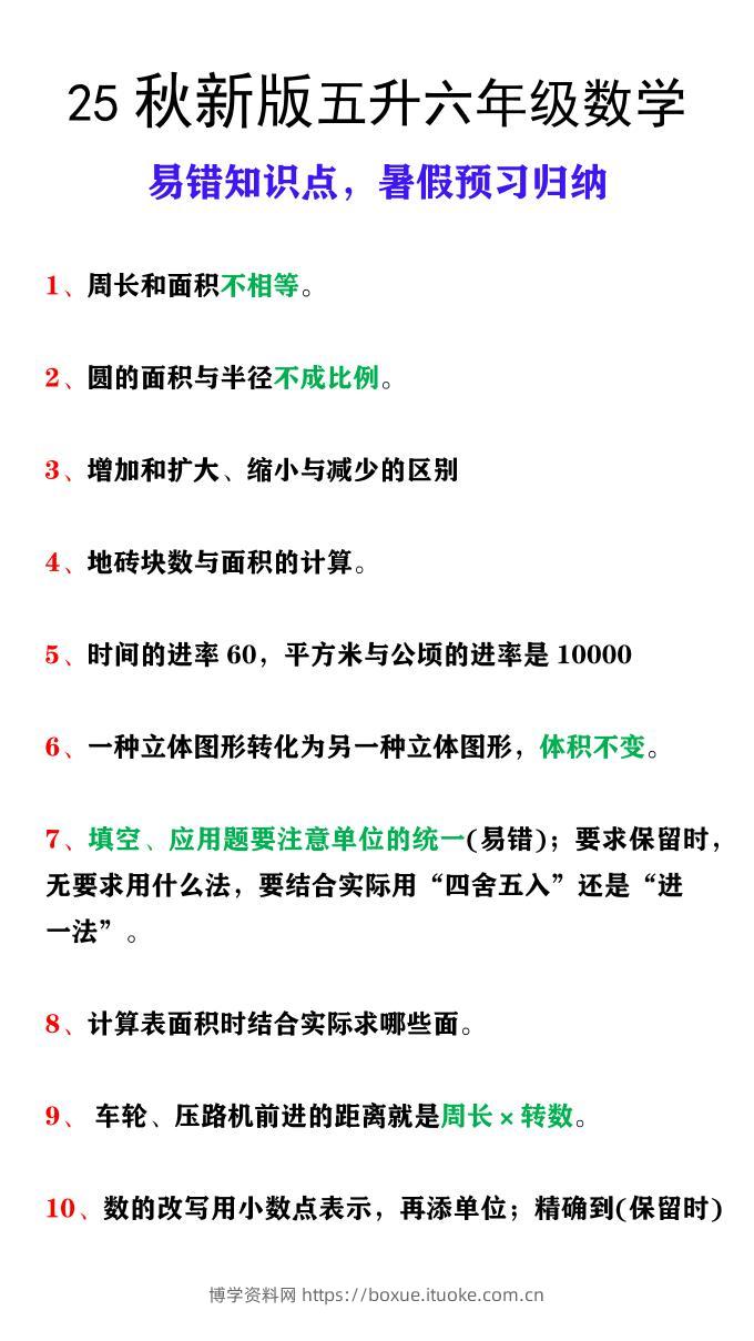 【2025秋新版】五升六年级上册数学易错知识点，暑假预习归纳-博学资料网