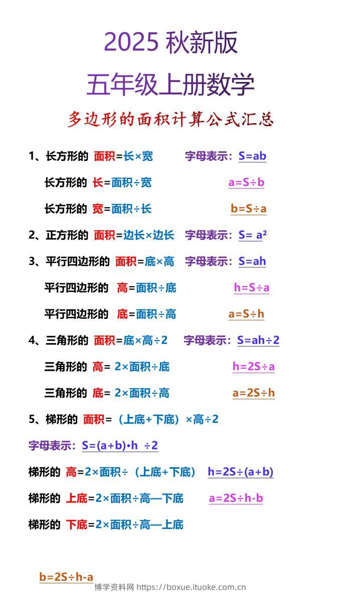 【2025秋新版】五年级上册数学多边形的面积计算公式汇总-博学资料网