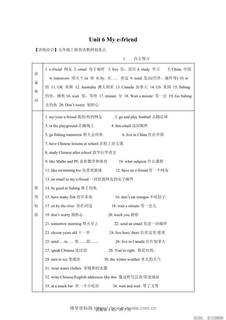 【单元热点难点】译林版（三起）英语五年级上册Unit6Mye-friend教材划重点-博学资料网