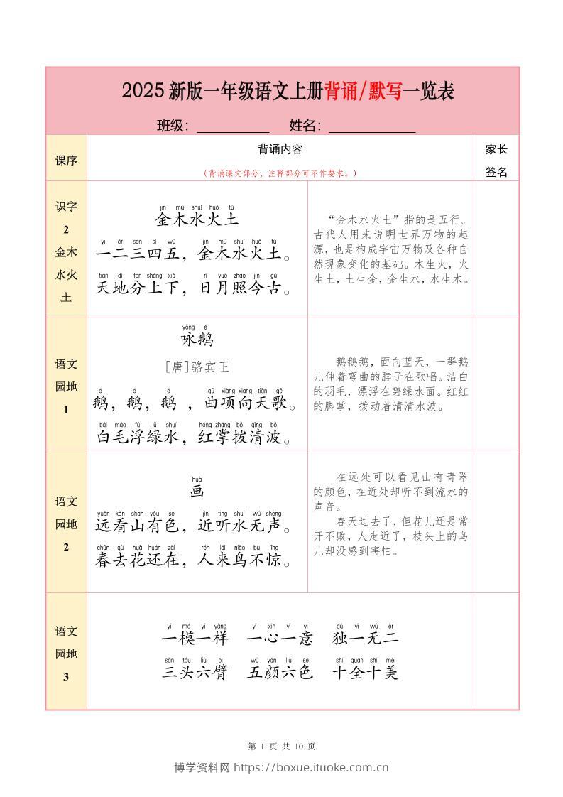 一上语文【25秋-必背内容+默写表】-博学资料网