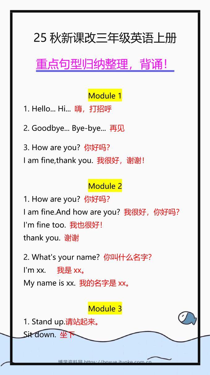 【2025秋新版】三年级英语上册重点句型归纳整理-博学资料网