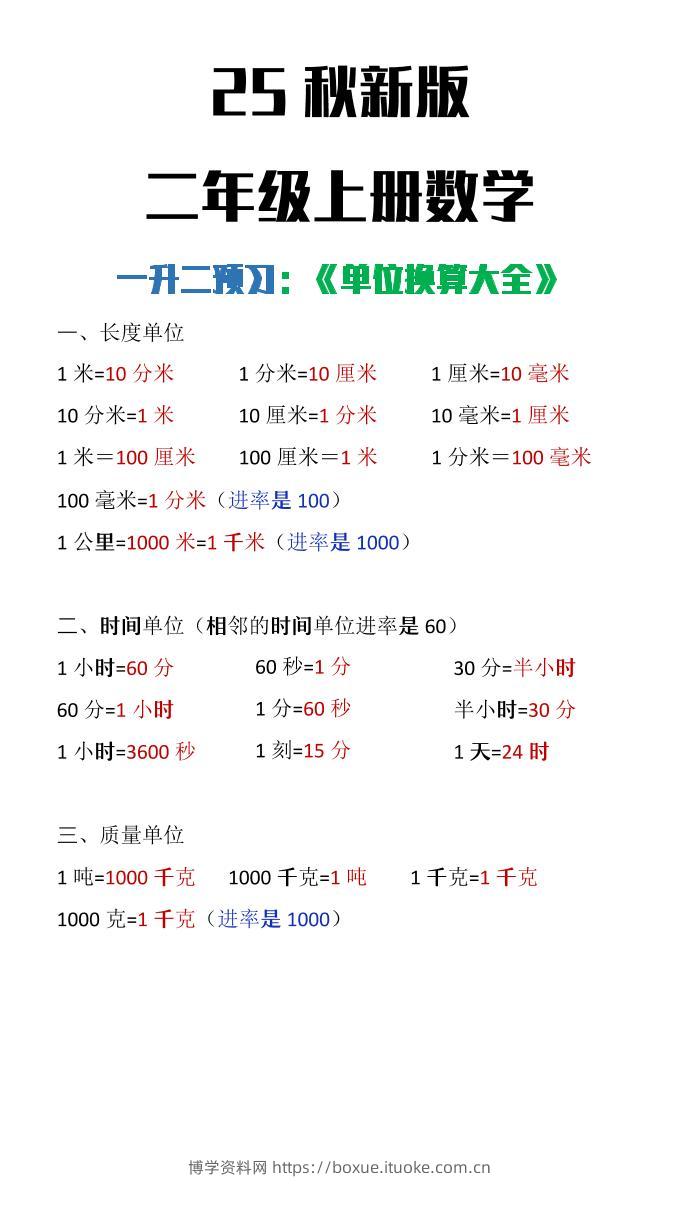【2025秋新版】二年级上册数学单位换算大全-博学资料网