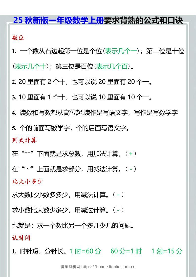 【2025秋新版】一年级数学上册要求背熟的公式和口诀-博学资料网