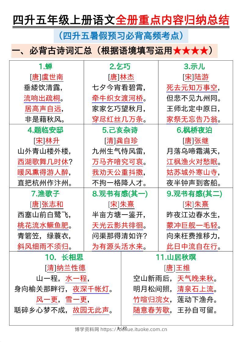 四升五年级上册语文全册重点内容归纳总结输出27页-博学资料网