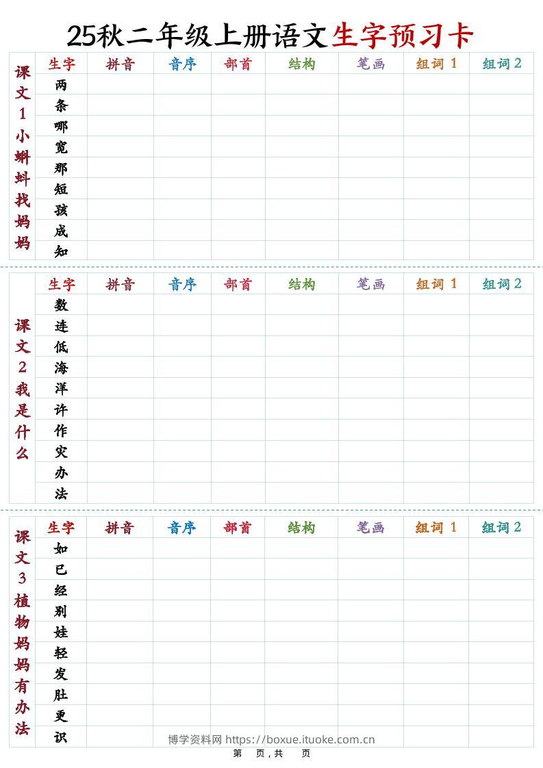 25秋新二上语文生字预习卡（11页）-博学资料网