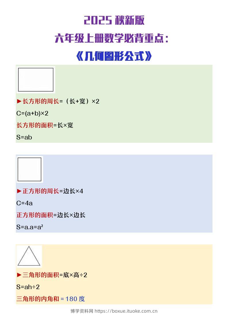 【2025秋新版】六年级上册数学必背几何图形公式大全-博学资料网