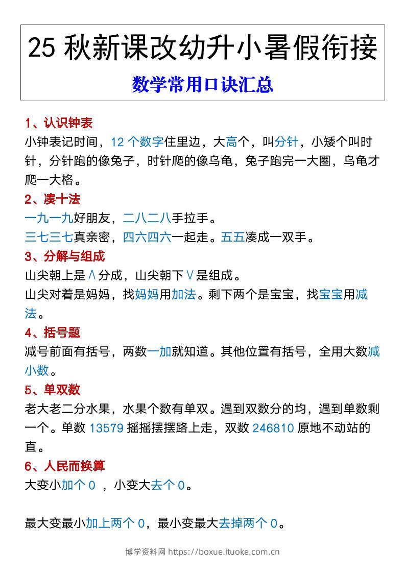 【2025秋新版】幼升小暑假衔接数学常用口诀汇总-一上数学-博学资料网