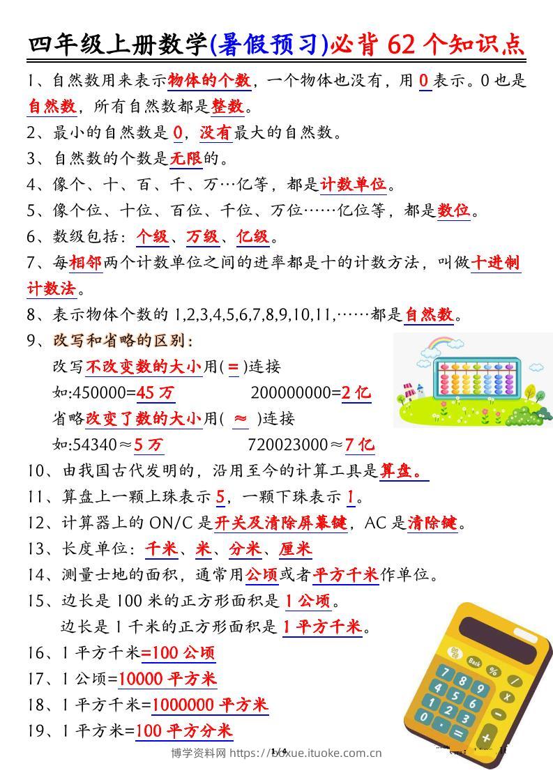 四上数学暑假预习必背62个知识点归纳（4页）-博学资料网