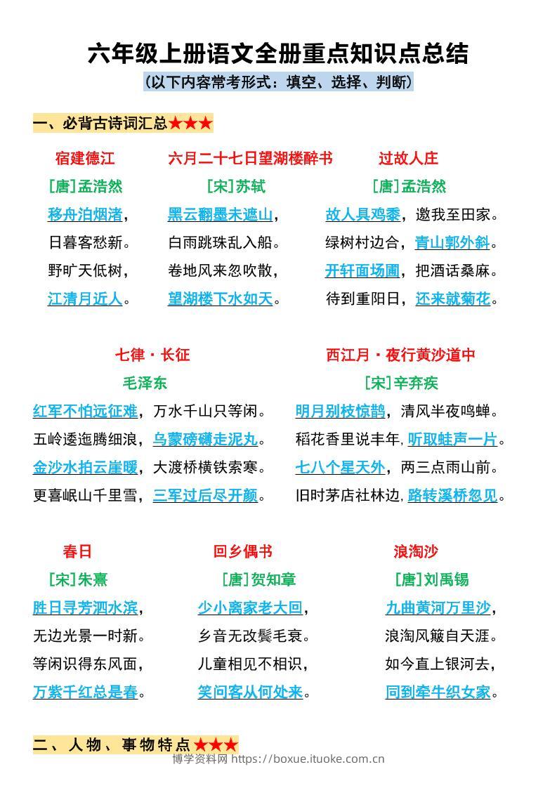 六上语文必背全册重点知识点总结11页-博学资料网