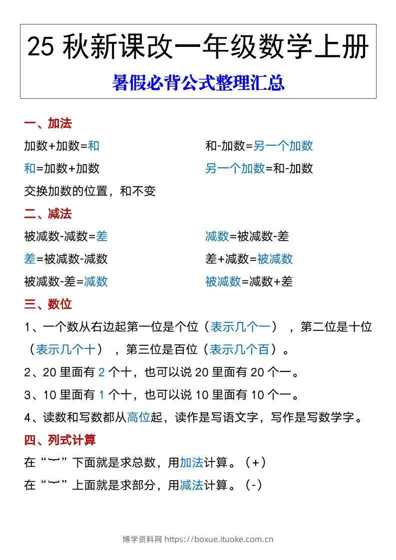 【2025秋新版】一年级数学上册暑假必背公式整理汇总-博学资料网