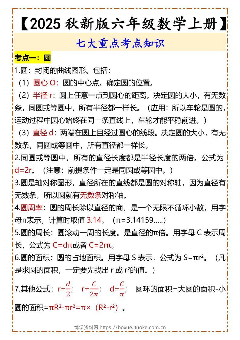 【2025秋新版】【六年级数学上册】七大重点考点知识-博学资料网