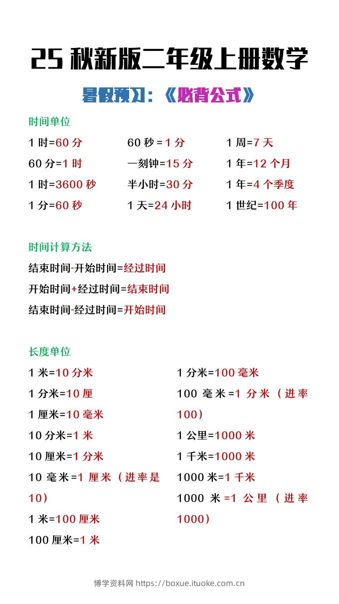 【2025秋新版】二年级上册数学暑假必背公式-博学资料网