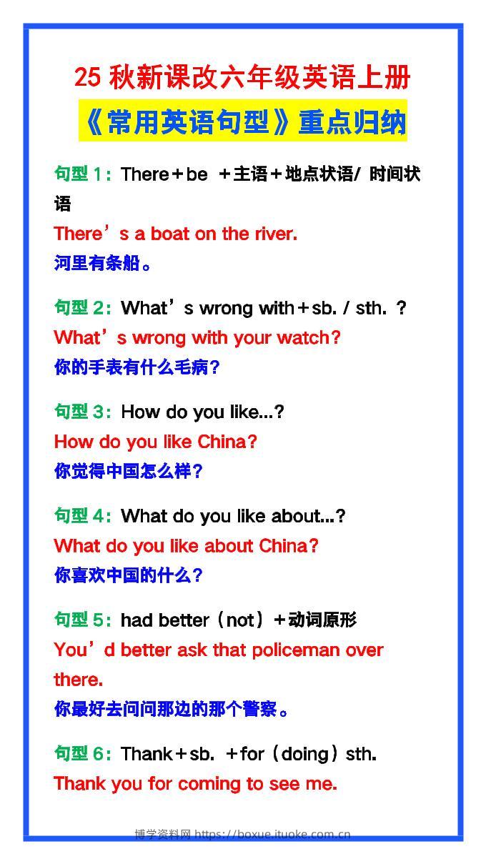 【2025秋新版】六年级英语上册《常用英语句型》重点归纳，提分必备!-博学资料网