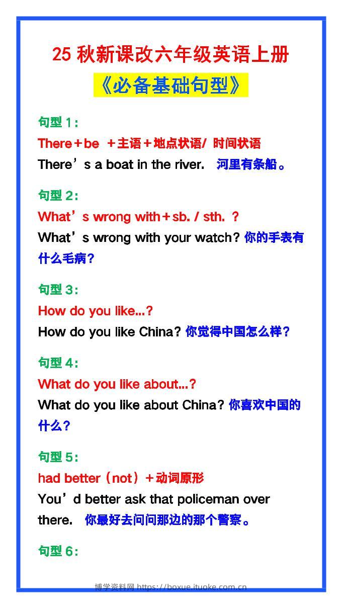 【2025秋新版】六年级英语上册《必备基础句型》，最全整理！-博学资料网