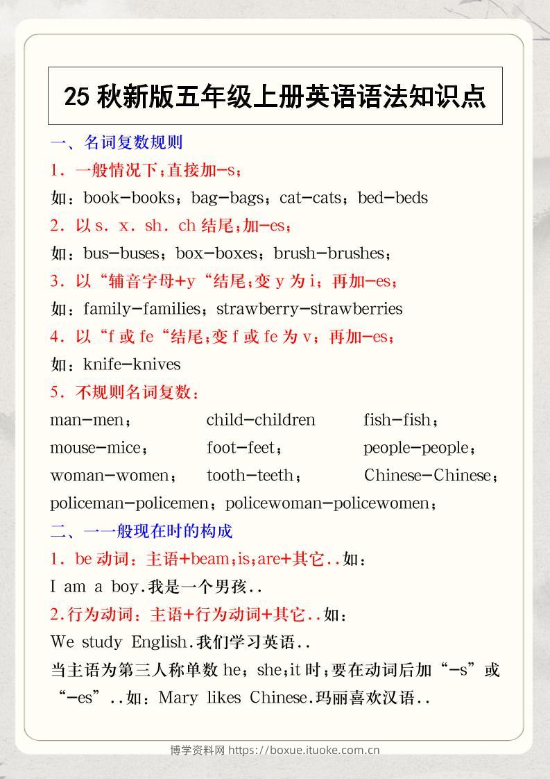 【2025秋新版】五年级上册英语语法知识点-博学资料网
