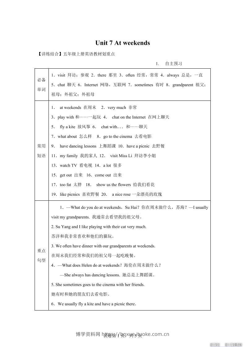 【单元热点难点】译林版（三起）英语五年级上册Unit7Atweekends教材划重点-博学资料网
