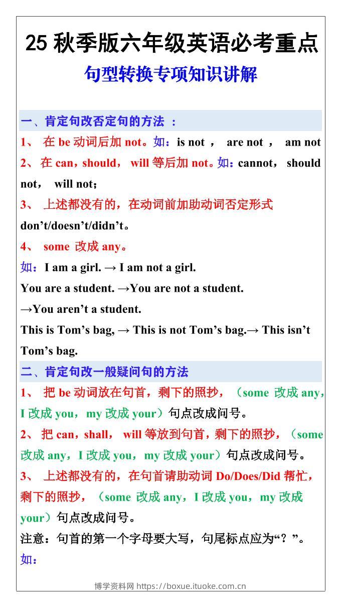 【2025秋新版】六年级英语必考重点：句型转换专项知识讲解-六上英语-博学资料网