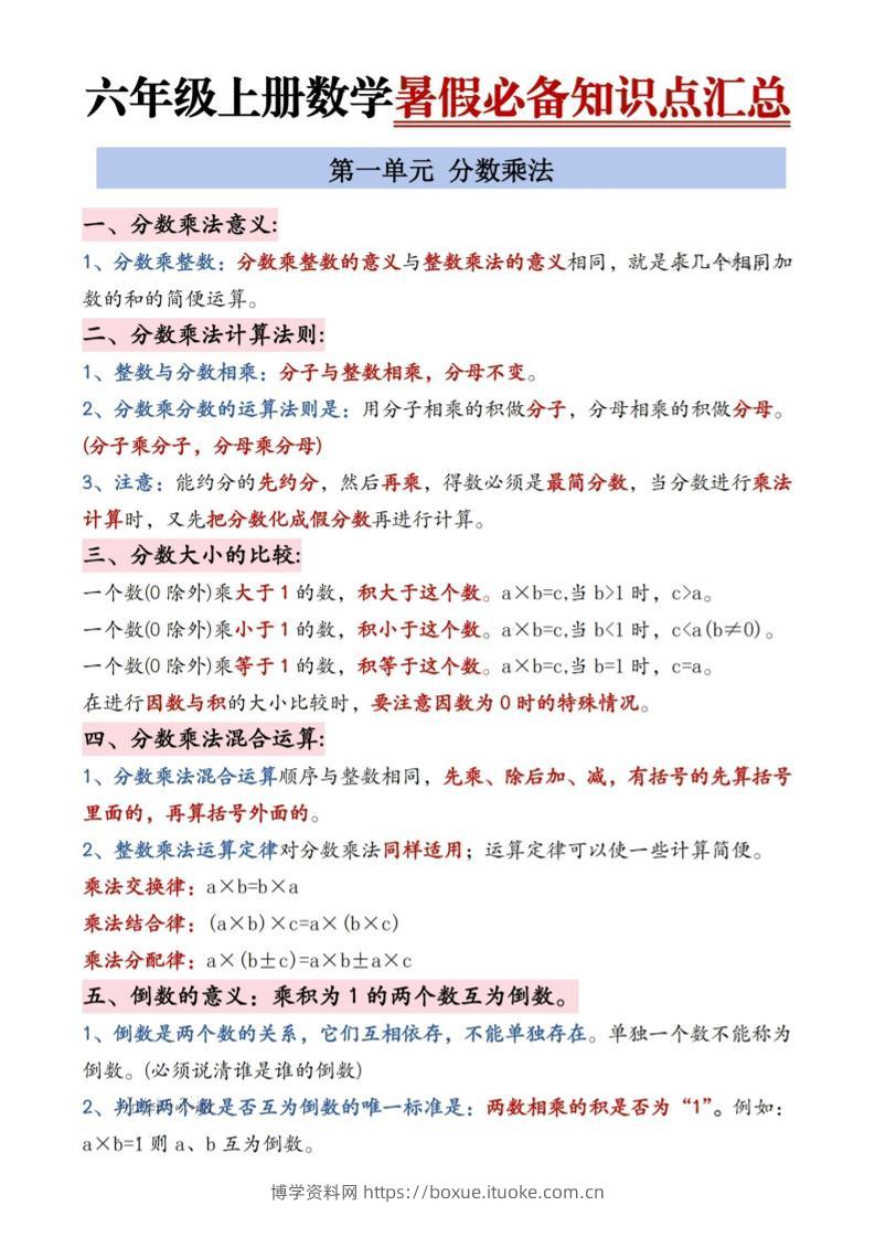 六年级上册数学暑假必备知识点汇总9页-博学资料网