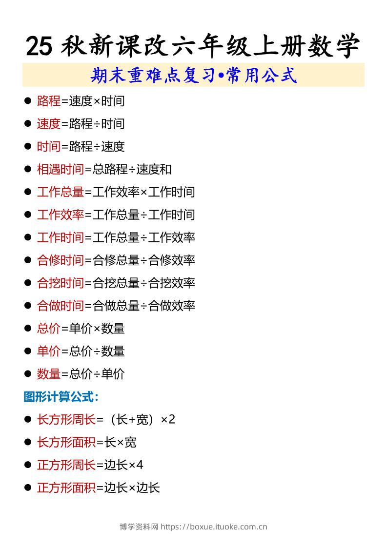 【2025秋新版】六年级上册数学期末重难点复习•常用公式-博学资料网