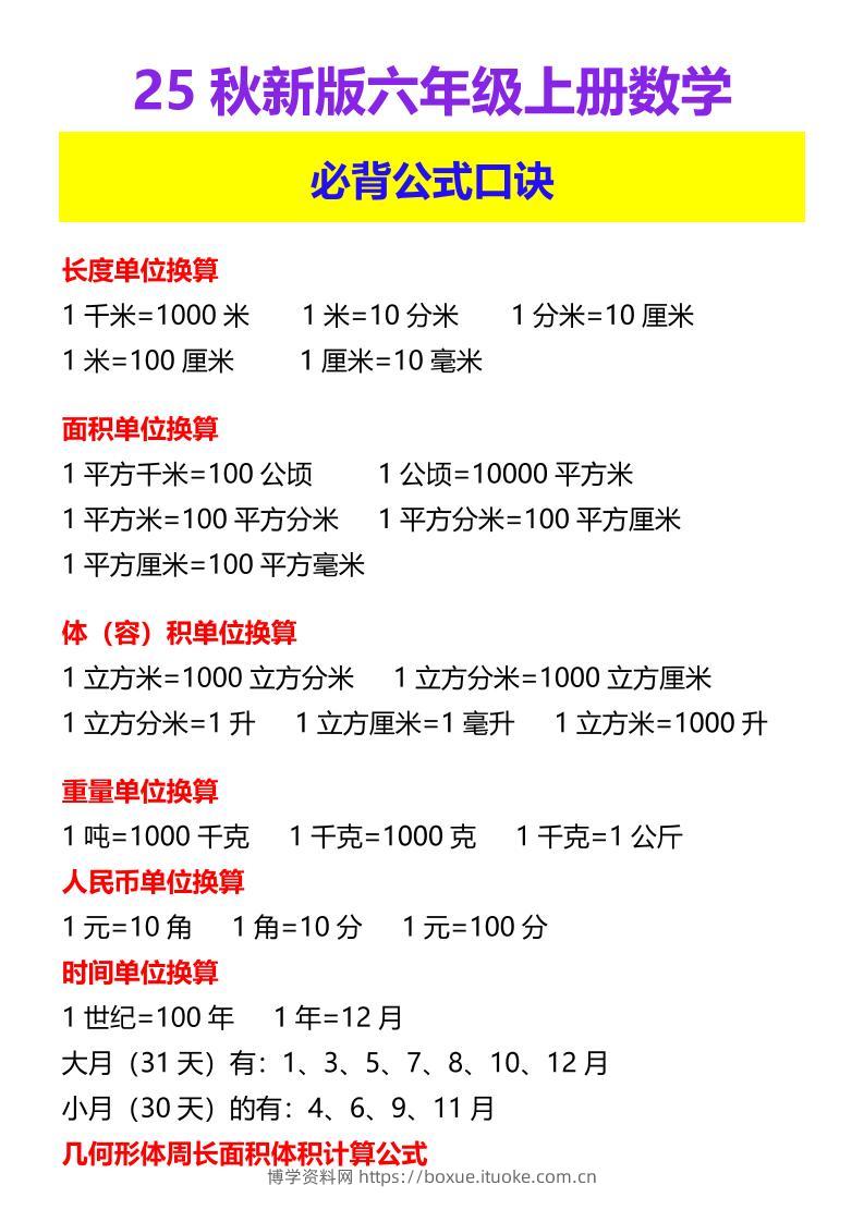 【2025秋新版】六年级上册数学必背公式口诀-博学资料网