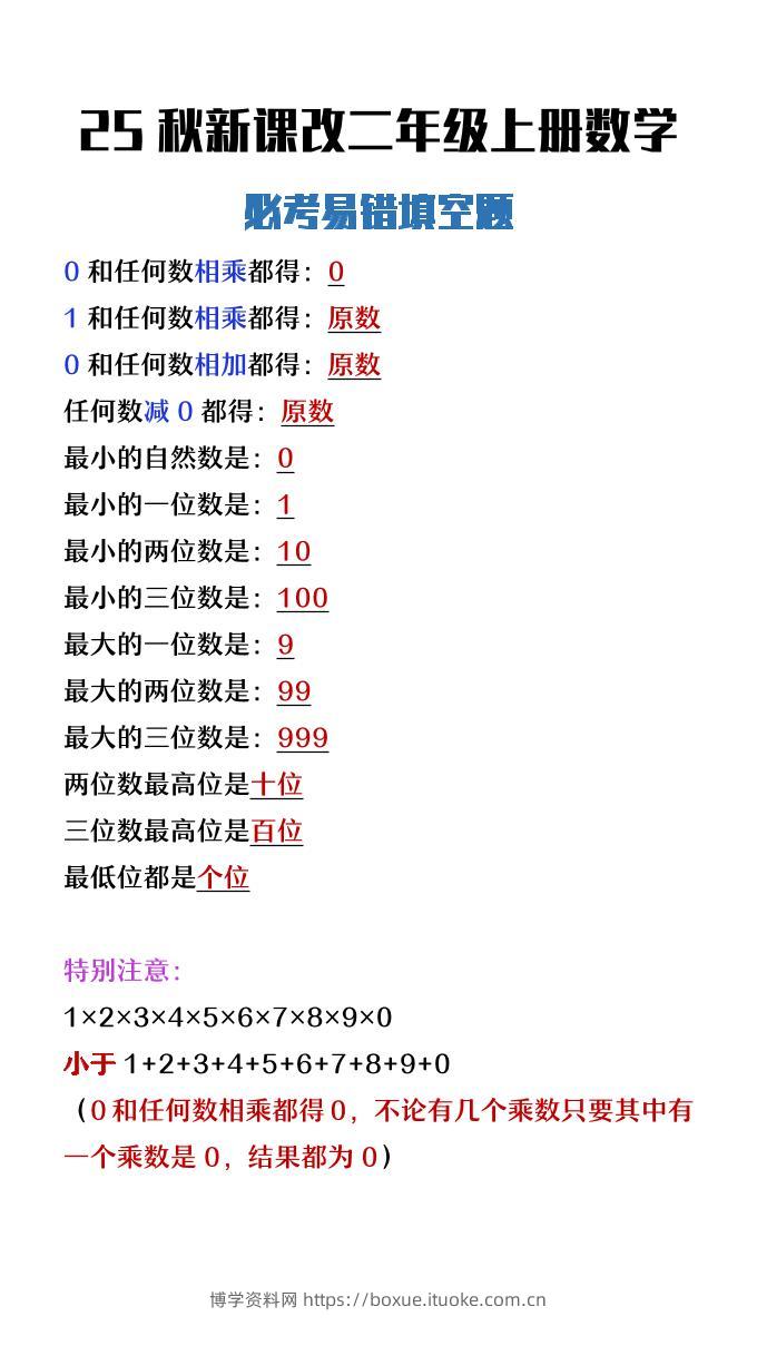 【2025秋新版】二年级上册数学必考易错填空题-博学资料网