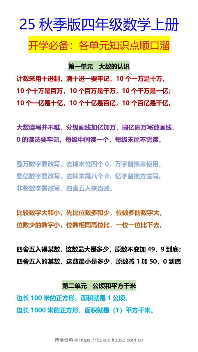 【2025秋新版】四年级数学上册开学必备：各单元知识点顺口溜-博学资料网