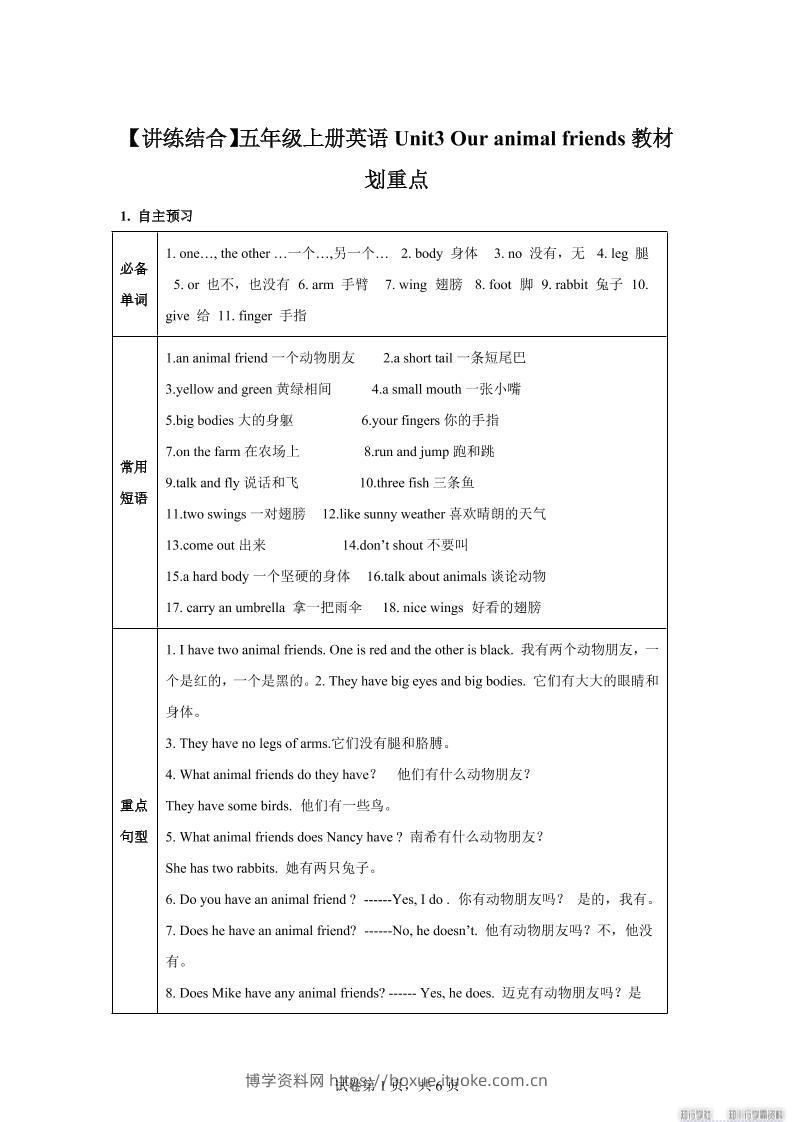 【单元热点难点】译林版（三起）英语五年级上册Unit3Ouranimalfriends教材划重点-博学资料网